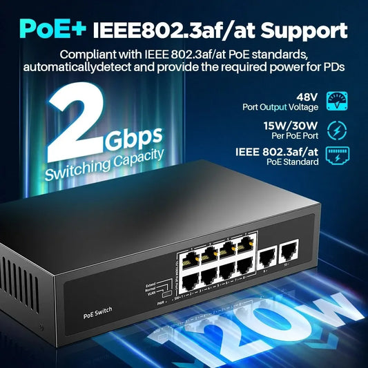 Switch PoE AI 8 Ports 10/100M + 2 Ports Uplink Gigabit | Alimentation Ethernet Intelligente