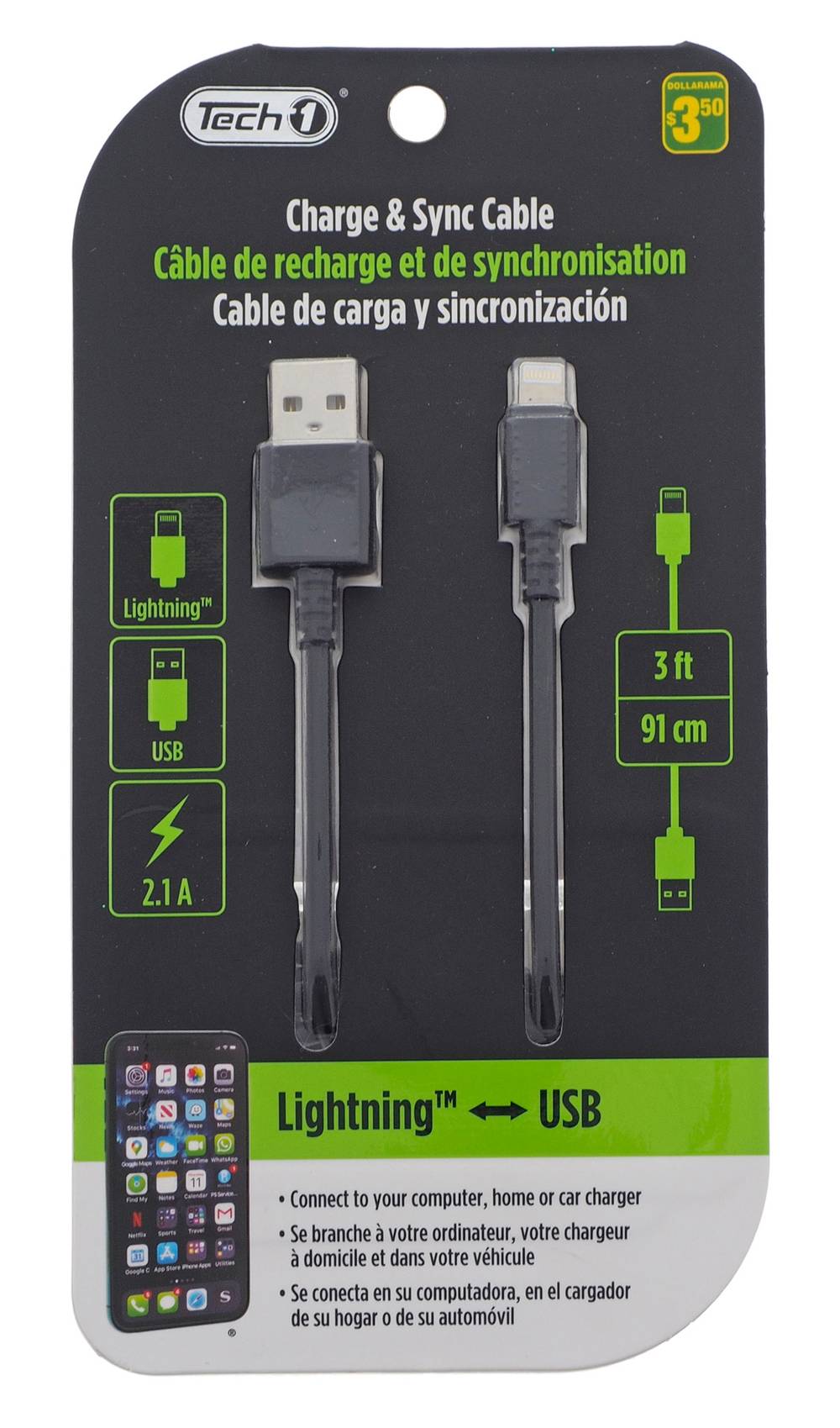 Câble de Charge et Synchronisation Lightning vers USB 3ft (91cm) - 2.1A | iPhone, iPad | Tech 1
