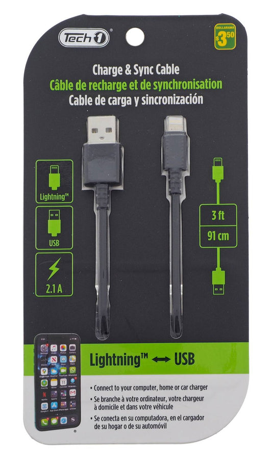 Câble de Charge et Synchronisation Lightning vers USB 3ft (91cm) - 2.1A | iPhone, iPad | Tech 1