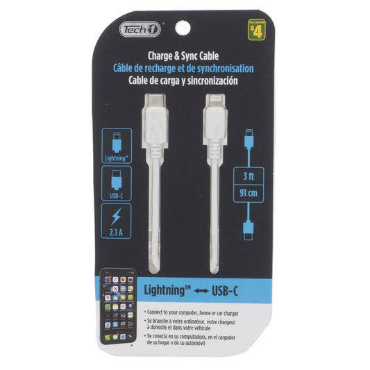 Câble de Charge et Synchronisation Lightning vers USB-C 3ft (91cm) - 2.1A | iPhone, iPad